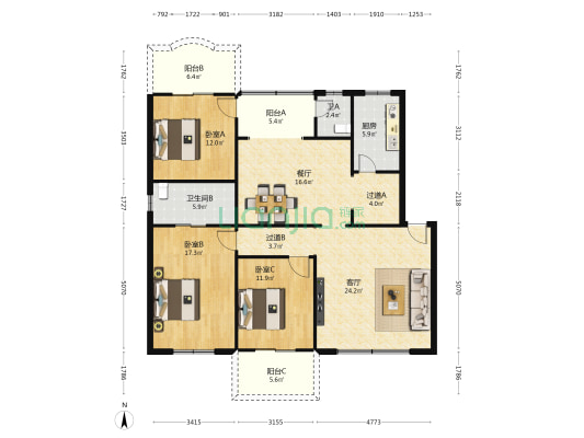 佳园 3室2厅2卫 141平方