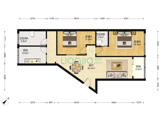 西门南村 2室1厅2卫 92平方
