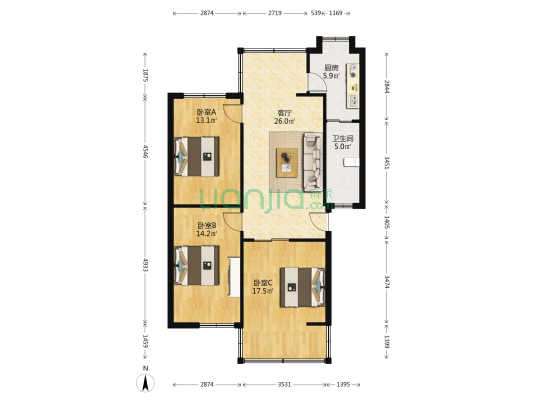 清江南街1号 3室1厅1卫 87平方