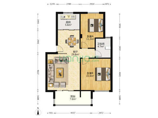 亚厦·风和苑 2室1厅1卫 80平方