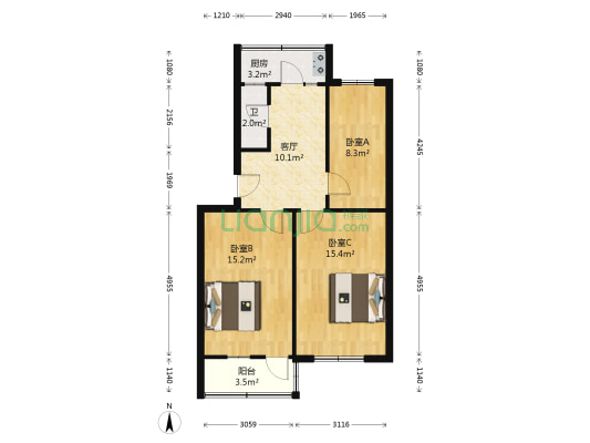 干警宿舍 3室1厅1卫 69平方