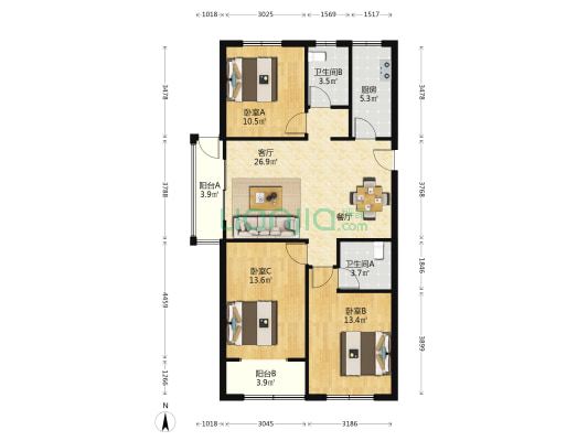 公园道1号 3室1厅2卫 125平方