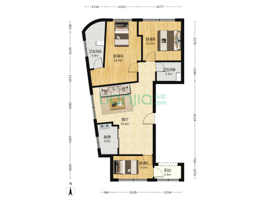 虎啸路 3室1厅2卫 110平方