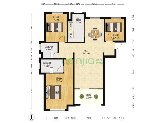 保利海上五月花B区 3室1厅2卫 118平方