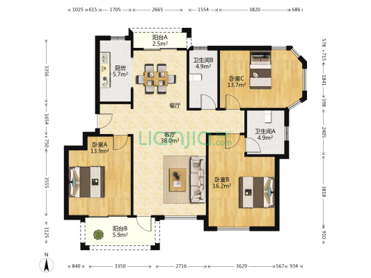 沿海 十里蓝院 3室1厅2卫 136平方