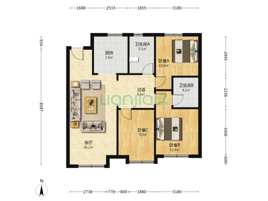 未来花郡南区 3室1厅2卫 123平方