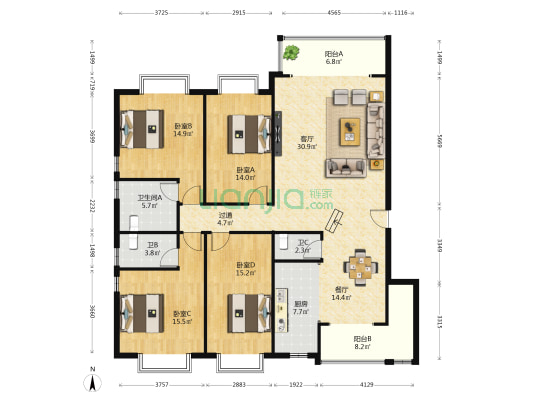 星光海岸 4室2厅3卫 171平方