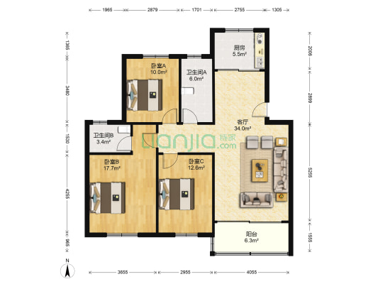 珠海路小区 3室1厅2卫 112平方