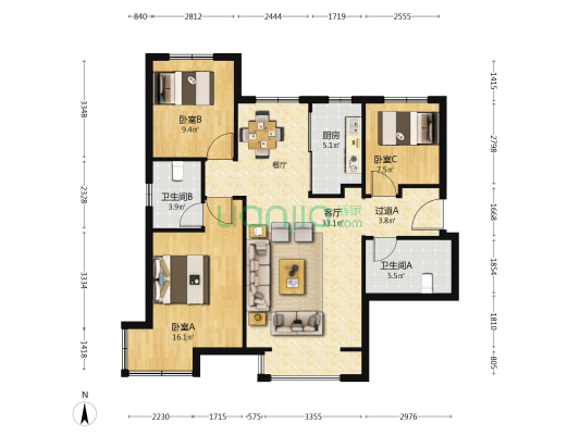 天庆国际新城D区 3室1厅2卫 123平方