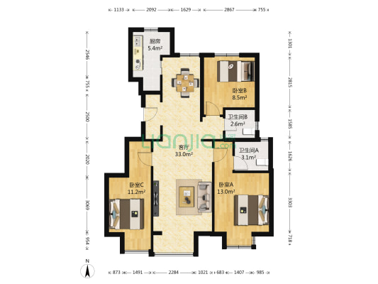 首开熙悦山熹园1号院 3室1厅2卫 100平方