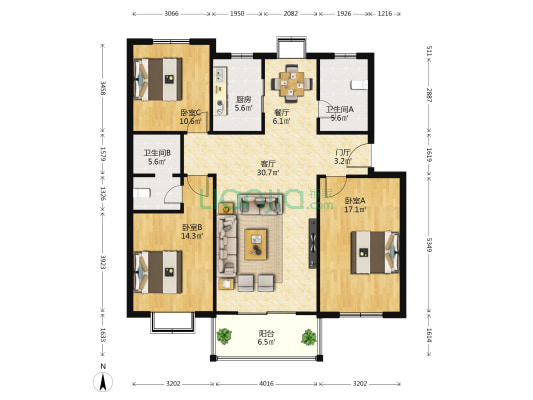 惠苑小区 3室2厅2卫 130平方