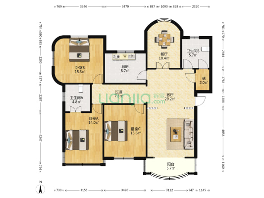 一纺新村 3室2厅2卫 136平方