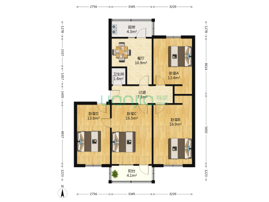 经四路166号 4室1厅1卫 107平方