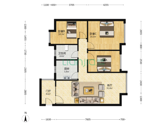 檀香花园 3室1厅1卫 100平方