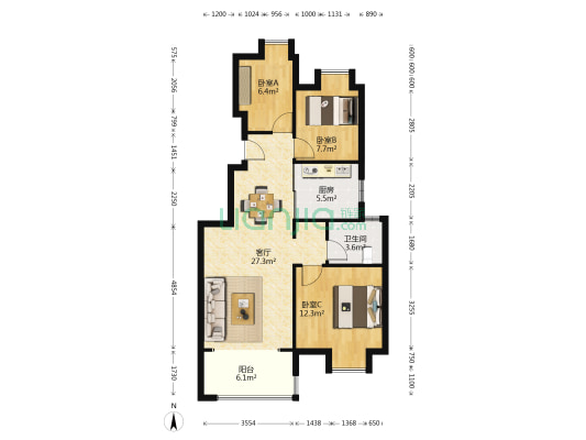 韵湖澜山花园 3室1厅1卫 88平方