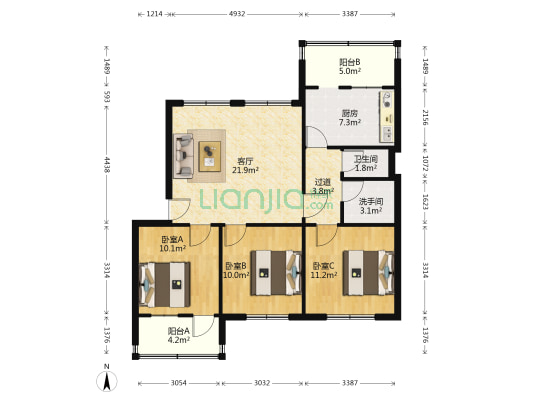 北关小区农行宿舍大院 3室1厅2卫 96平方