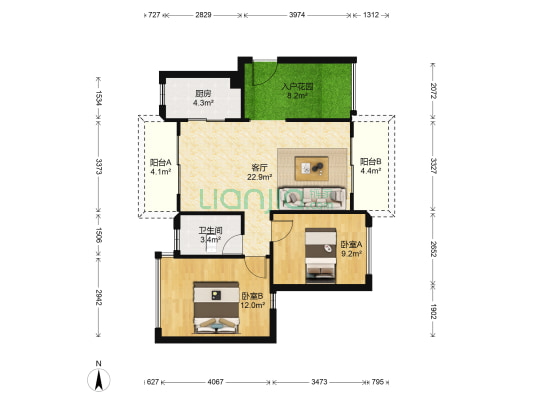 花海湾 2室1厅1卫 85平方