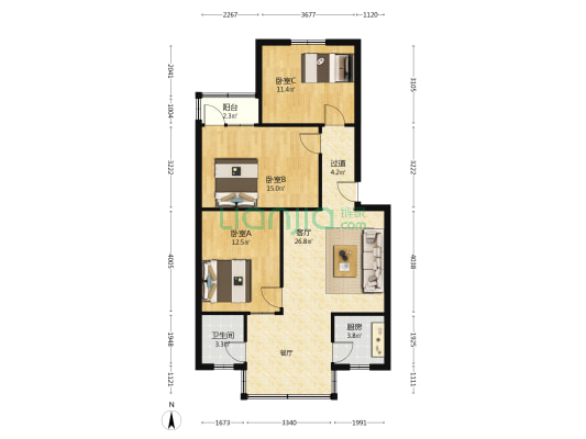 紫祥苑 3室1厅1卫 96平方