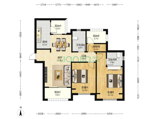 荣盛观云郡璟园 2室1厅2卫 99平方