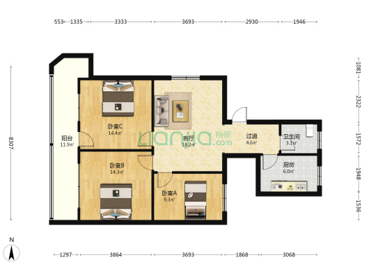 晶玻西区 3室1厅1卫 109平方