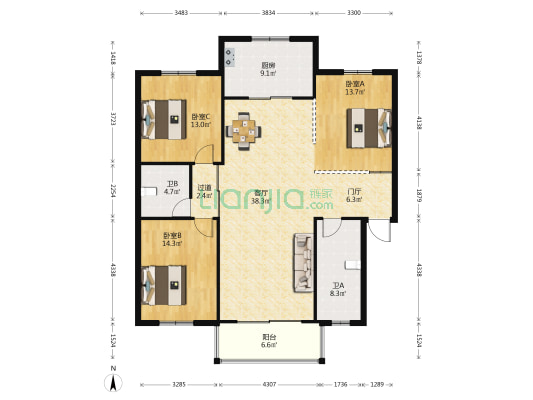 致远路 3室1厅2卫 136平方