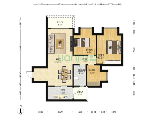 中南上悦城云悦 3室1厅1卫 88平方