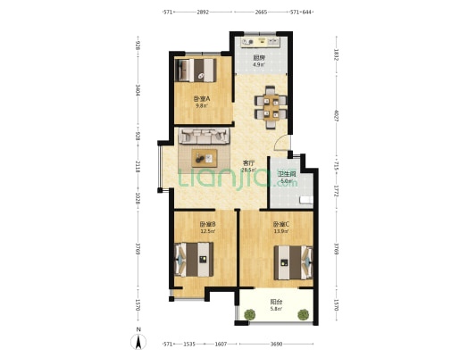 铂金水岸 3室1厅1卫 98平方