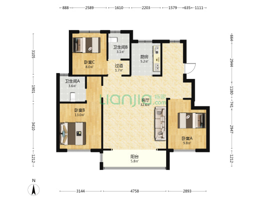 建投·誉山院 3室1厅2卫 109平方
