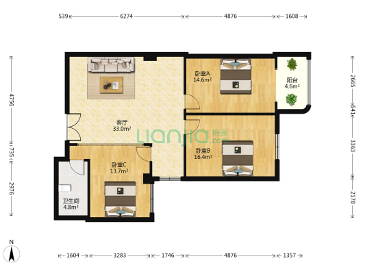 阳光大厦 3室1厅1卫 111平方