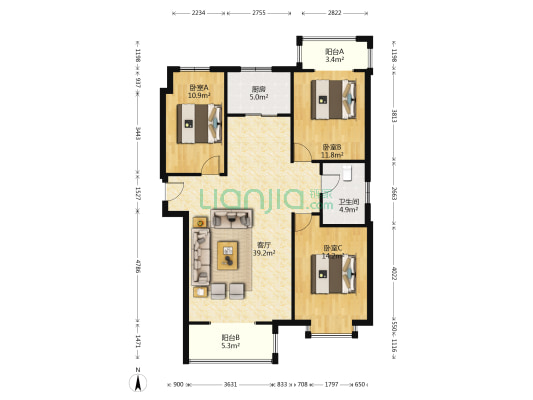 校区旁边  惠友万悦城  南北三居室-户型图