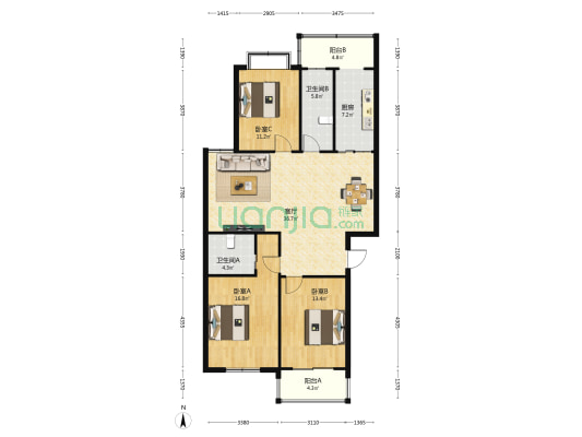 利苑陆区 3室1厅2卫 132平方