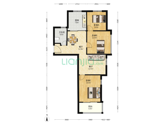 吴滨景园 3室2厅1卫 107平方