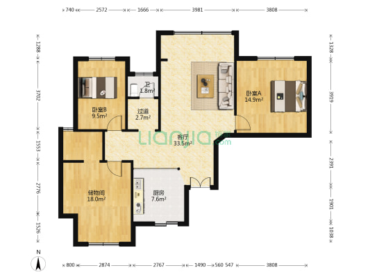 天下一家 2室1厅1卫 127平方
