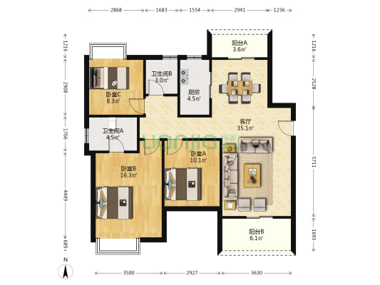 新力城三期 3室1厅2卫 118平方