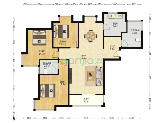 天和公馆 3室1厅2卫 144平方