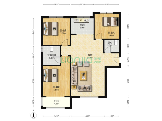 宸阅澜山 3室1厅2卫 129平方