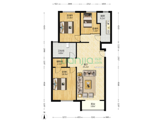 军创凯旋城 3室1厅1卫 130平方