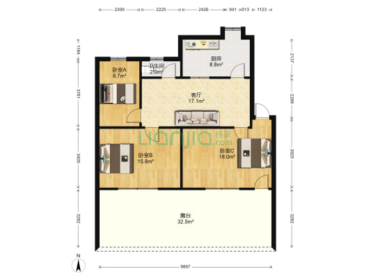 解放路216号 3室1厅1卫 74平方