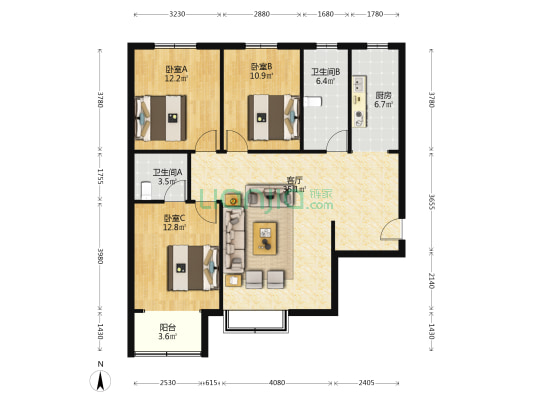 华阳东路联合七号院南北通透大三居业主诚意出售-户型图