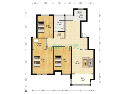 世纪豪都 3室1厅1卫 139平方