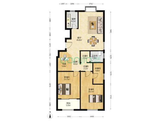 恒和花园 3室1厅1卫 126平方
