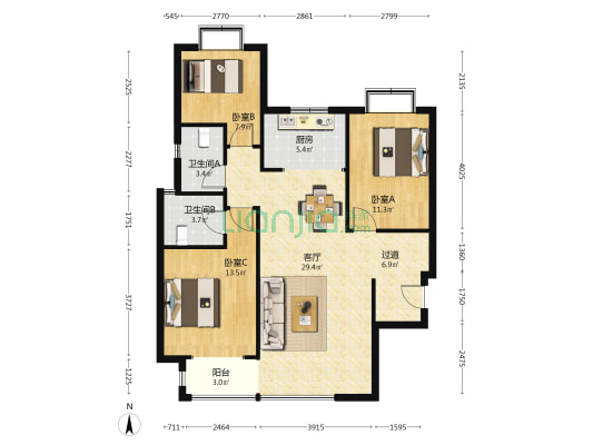 富贵城 3室1厅2卫 119平方
