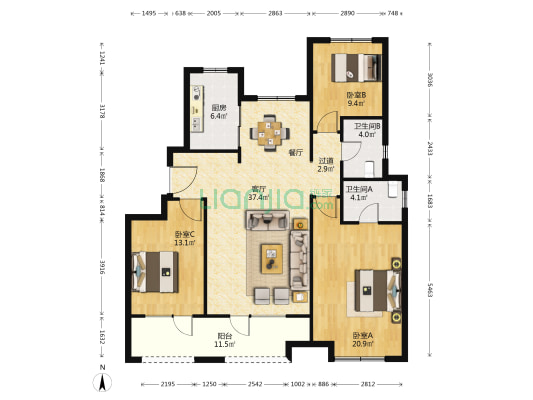 中海樘院 3室1厅2卫 140平方