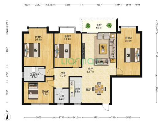 幸福庭院 4室1厅2卫 139平方