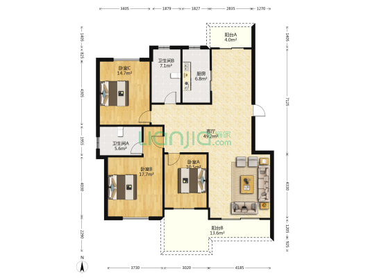 万商京都花园 3室1厅2卫 143平方