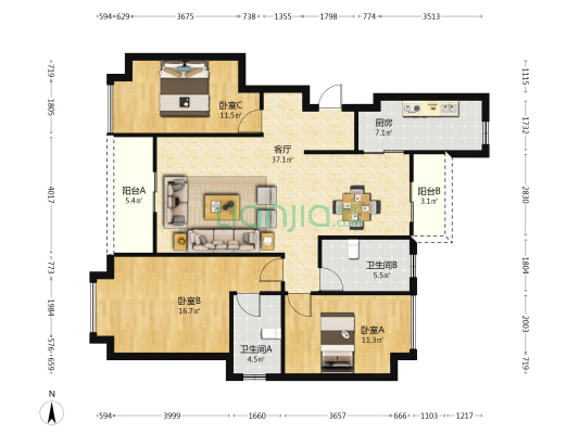 恒大文化旅游城4组团 3室1厅2卫 127平方