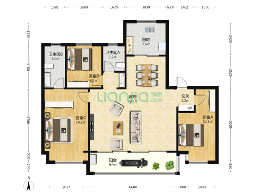 融创玉兰玖园 3室1厅2卫 135平方