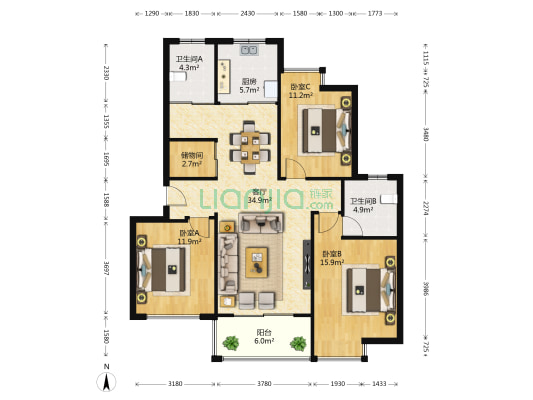怡和家园 3室1厅2卫 109平方
