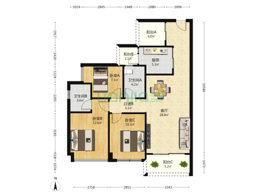 合生湖山国际7期珑境 3室1厅2卫 102平方
