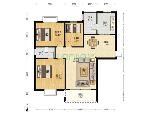 新金花园 3室2厅2卫 108平方